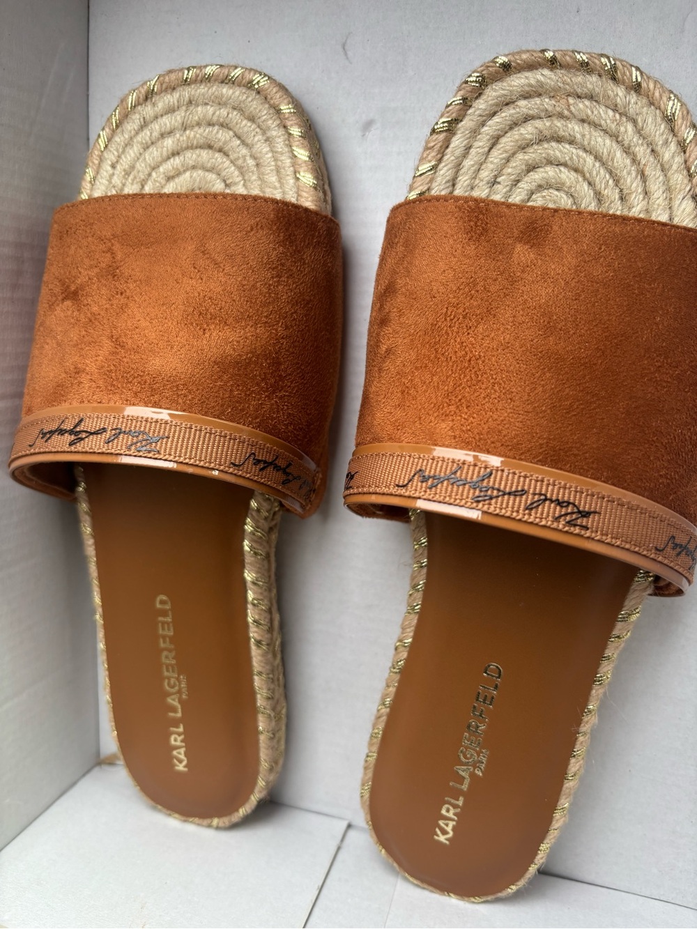 Karl Lagerfeld Rust Suede Slide Espadrille Mules